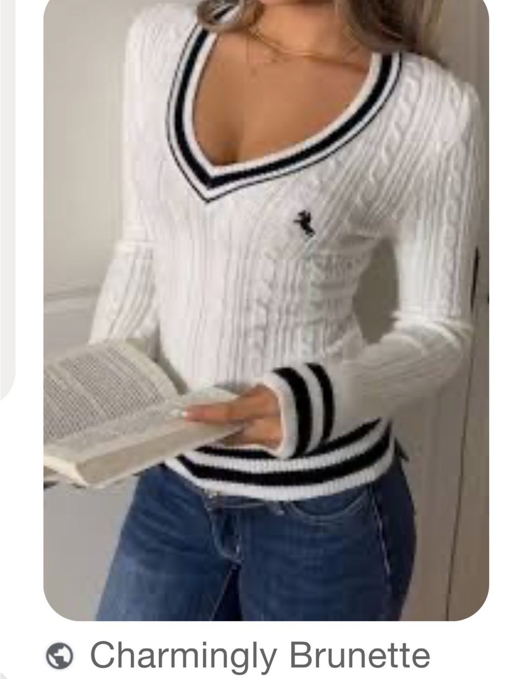 SHEIN White Cable V-Neck Sweater with Navy Contrast Trim
